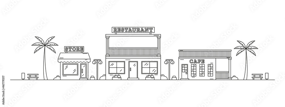 Neighbourhood Line Art. Monochrome horizontal cityscape with city street or district. Editable stroke. City landscape with cafe, restaurant and shop drawn by contour lines.