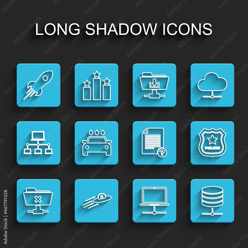 Set line FTP cancel operation, UFO flying spaceship and alien, Rocket with fire, Computer network, Server, Data, Web Hosting, Car wash, Police badge and Unknown document icon. Vector Set line FTP cancel operation, UFO flying spaceship and alien, Rocket with fire, Computer network, Server, Data, Web Hosting, Car wash, Police badge and Unknown document icon. Vector