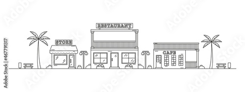 Neighbourhood Line Art. Monochrome horizontal cityscape with city street or district. Editable stroke. City landscape with cafe, restaurant and shop drawn by contour lines.