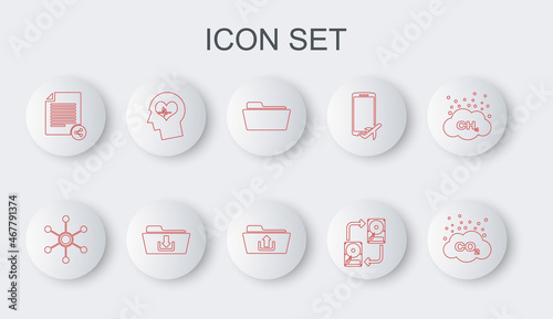 Set line CO2 emissions in cloud, Network, Folder, Data exchange with hhd, Share file, Head heartbeat, download and upload icon. Vector