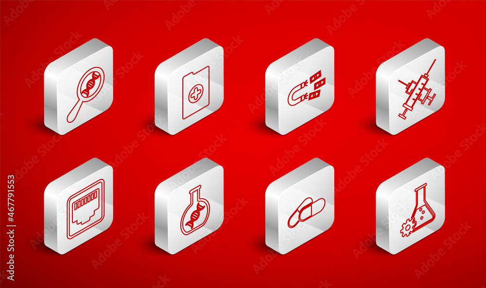 Set line Bioengineering, Clinical record, Magnet with money, Crossed syringe, Medicine pill tablet, DNA research, search, and Network port cable socket icon. Vector Set line Bioengineering, Clinical record, Magnet with money, Crossed syringe, Medicine pill tablet, DNA research, search, and Network port cable socket icon. Vector