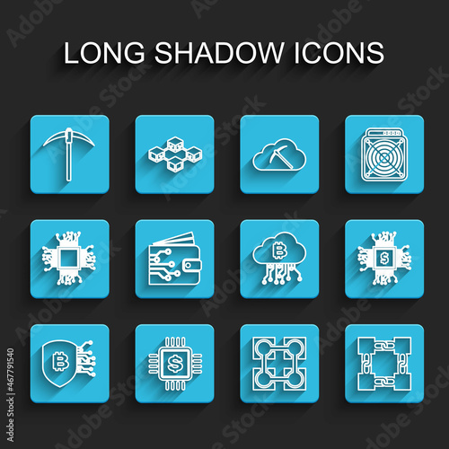 Set line Shield with bitcoin, Processor chip dollar, Pickaxe, Blockchain technology, Cryptocurrency wallet, and cloud mining icon. Vector