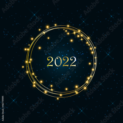Magic bright glowing golden ring with sparkling balls and numbers on a dark blue background with shiny stars and snowflakes. Merry Christmas and Happy New Year 2022. Vector illustration.