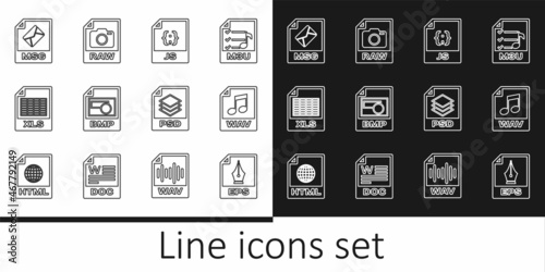 Set line EPS file document, WAV, JS, BMP, XLS, MSG, PSD and RAW icon. Vector