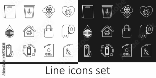 Set line Bio fuel canister, Toilet paper roll, Acid rain and radioactive cloud, Eco House with recycling, Earth planet water drop, Shopping bag, and Send to the trash icon. Vector