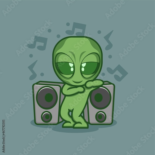 cute cartoon alien character dancing with big loudspeaker. vector illustration for mascot logo or sticker