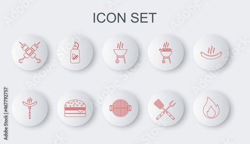 Set line Fire flame, Sausage on the fork, Barbecue grill, Crossed and spatula, Grilled shish kebab, Ketchup bottle, Burger and icon. Vector