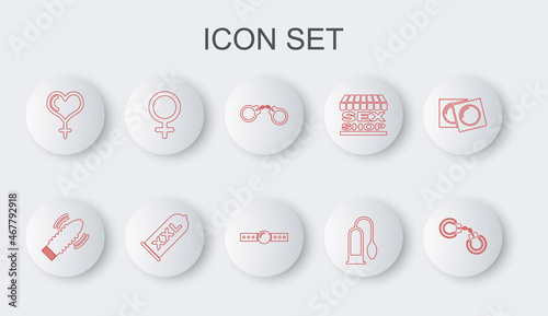 Set line Sexy fluffy handcuffs, Dildo vibrator for sex games, Handcuffs, Penis pump, Female gender heart, symbol, Condom safe and Silicone ball gag icon. Vector
