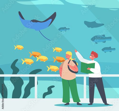 School Kids Characters Stand at Oceanarium Learning Underwater Sea and Ocean Animals. Children Visiting Aquarium