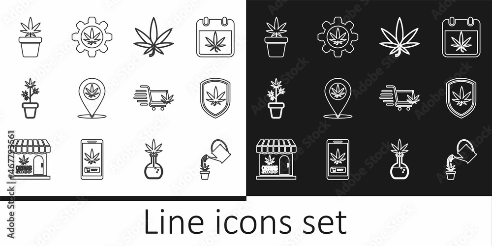 Set line Watering can marijuana, Shield and, Marijuana or cannabis leaf, Location, plant pot, Shopping cart with and Test tube icon. Vector
