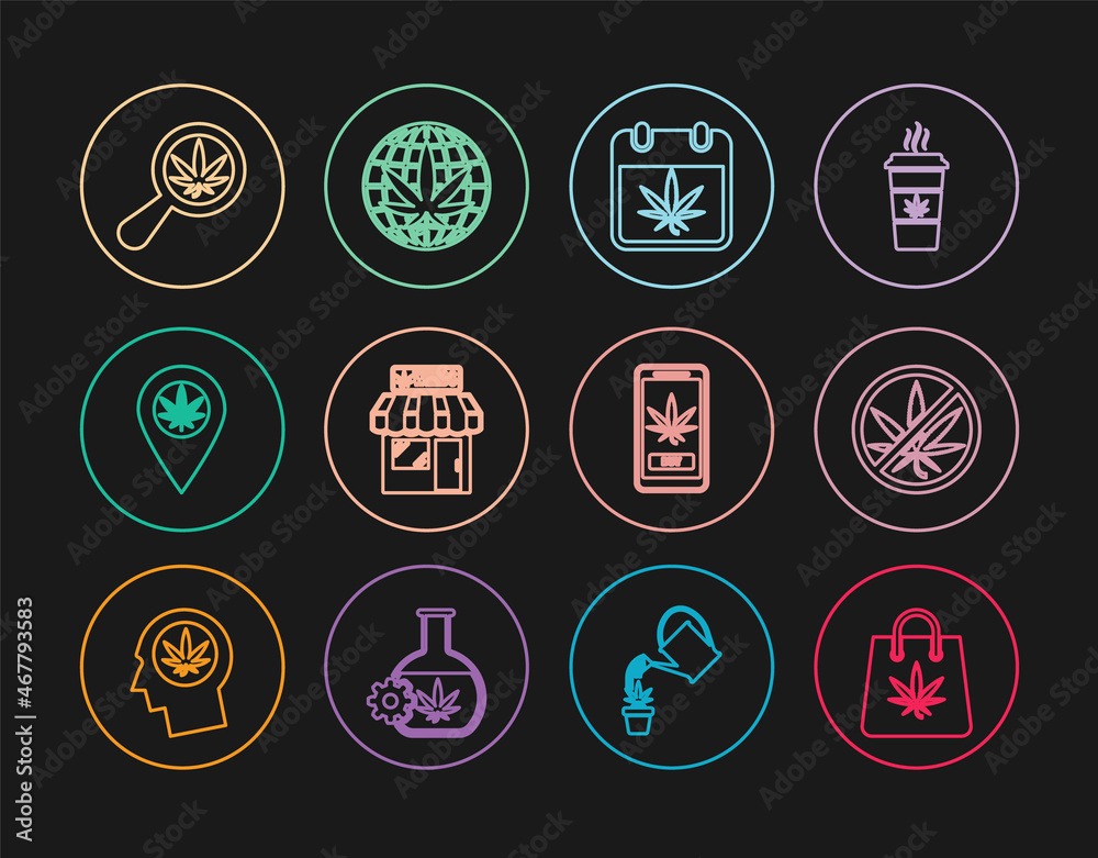 Set line Shopping bag of marijuana, Stop, Calendar and, Marijuana cannabis store, Location, Magnifying glass, Online buying and Legalize icon. Vector Set line Shopping bag of marijuana, Stop, Calendar and, Marijuana cannabis store, Location, Magnifying glass, Online buying and Legalize icon. Vector