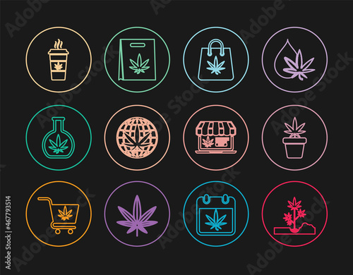 Set line Planting marijuana, Marijuana plant pot, Shopping bag of, Legalize, Test tube with, Cup coffee, Online buying and icon. Vector
