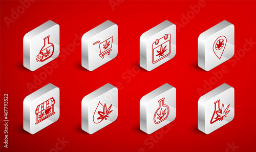 Set line Test tube with marijuana, Shopping cart, Calendar and, Location, Marijuana or cannabis leaf oil and Online buying icon. Vector