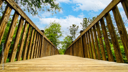 Fotografia, Obraz Wooden footbridge through nature from ground perspective