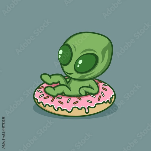 cute cartoon alien character relaxing on a big donut. vector illustration for mascot logo or sticker