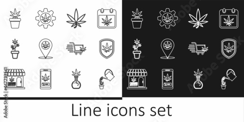 Set line Watering can marijuana, Shield and, Marijuana or cannabis leaf, Location, plant pot, Shopping cart with and Test tube icon. Vector