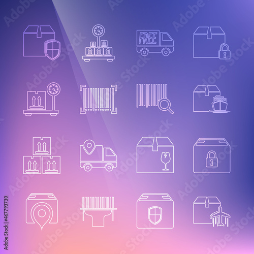 Set line Plane and cardboard box, Locked package, Cargo ship with boxes, Free delivery service, Barcode, Scale, Delivery security shield and Search barcode icon. Vector