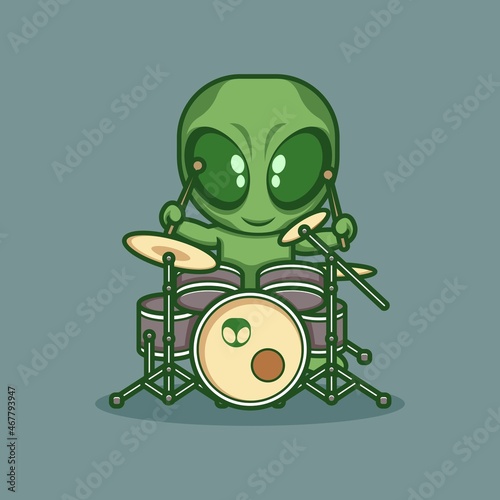 cute cartoon alien character playing drums. vector illustration for mascot logo or sticker