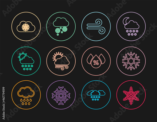 Set line Snowflake, Wind, Windy weather, Cloud with snow and sun, Water drop percentage and icon. Vector