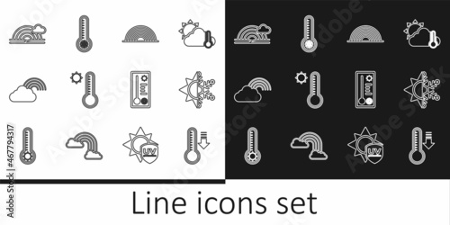 Set line Meteorology thermometer, Sun and snowflake, Rainbow, with cloud, and icon. Vector