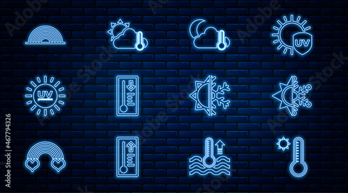 Set line Meteorology thermometer, Sun and snowflake, Thermometer cloud, moon, UV protection, Rainbow, and sun icon. Vector