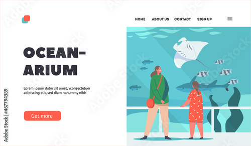 Children Visit Oceanarium Landing Page Template. Characters in Public Aquarium, Family Spare Time or Recreation, Weekend