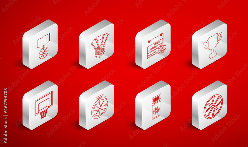 Set line Basketball ball, medal, on sport calendar, Award cup, game ticket, Stopwatch with basketball and backboard icon. Vector Set line Basketball ball, medal, on sport calendar, Award cup, game ticket, Stopwatch with basketball and backboard icon. Vector