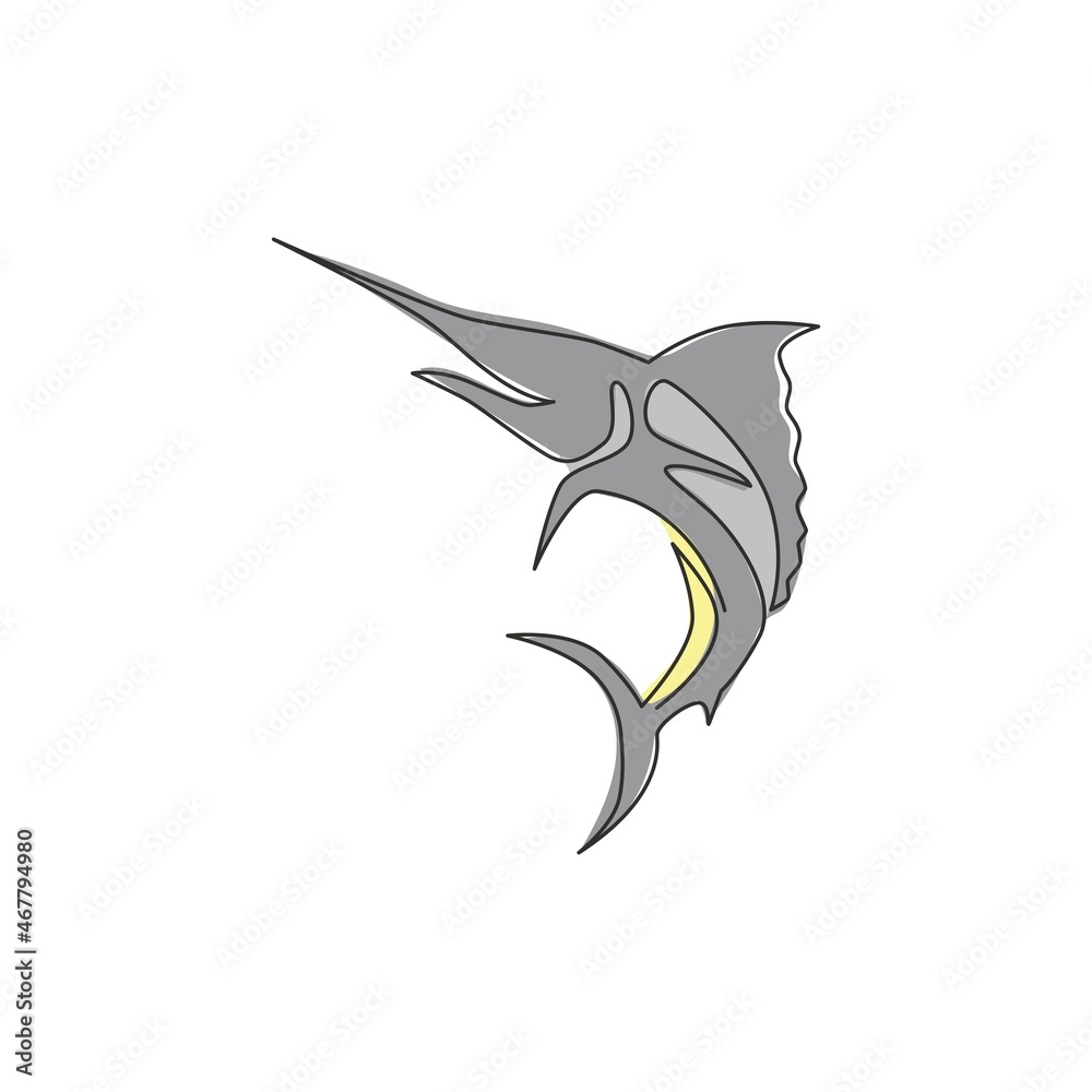One single line drawing of giant marlin for fresh meat company logo identity. Jumping swordfish mascot concept for seafood can icon. Continuous line draw graphic design vector illustration
