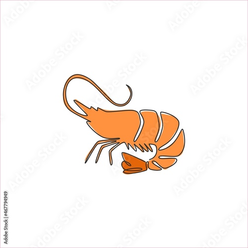 Single continuous line drawing of big shrimp for healthy seafood logo identity. Prawn mascot concept for Chinese restaurant icon. One line draw graphic design vector illustration
