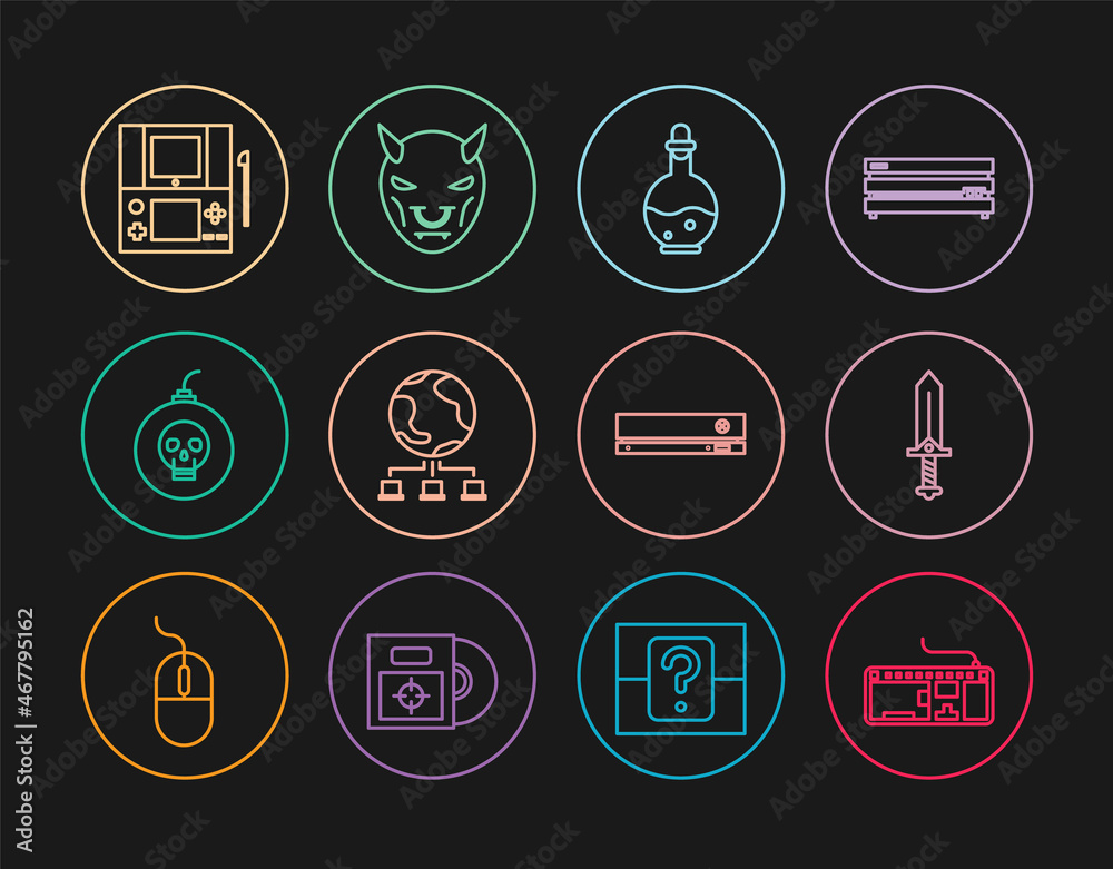 Set line Computer keyboard, Sword for game, Bottle with magic elixir, network, Bomb ready to explode, Portable video console, Video and Mask of the devil horns icon. Vector Set line Computer keyboard, Sword for game, Bottle with magic elixir, network, Bomb ready to explode, Portable video console, Video and Mask of the devil horns icon. Vector