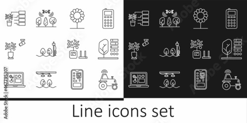 Set line Wireless tractor on smart farm, Plant status, Flower, Standalone sensor and plant, Smart farming technology, analysis, and with drone icon. Vector