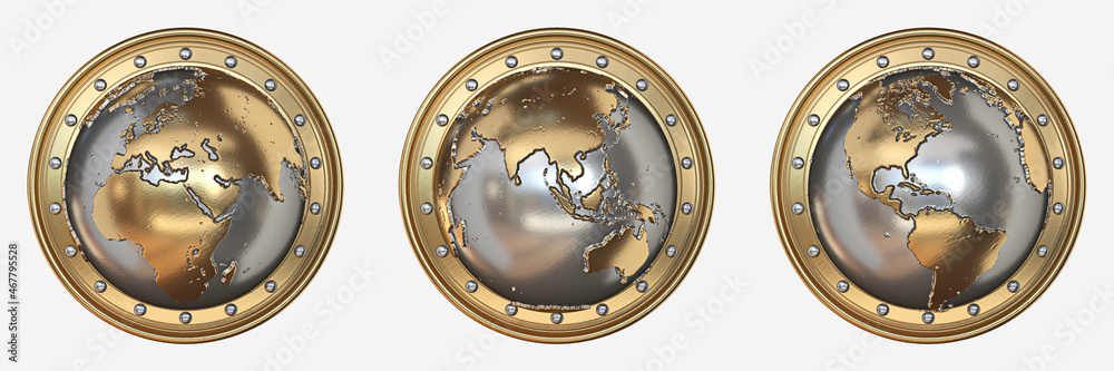 Naklejka premium Three golden globe shields 3D
