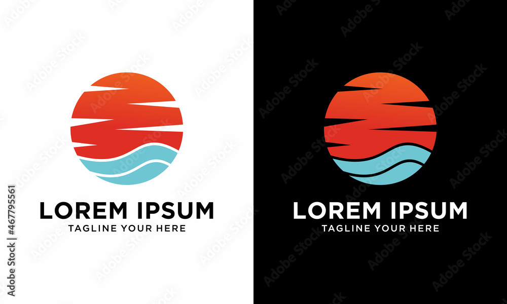 Sunset beach logo vector illustration design template on a black and white background.