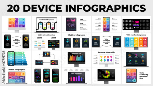 Show your interface with 20 electronic device mockups. Includes computer, notebook, smartphone and tablet. Infographic template presentation. Puzzle banners, arrows, charts and diagrams.