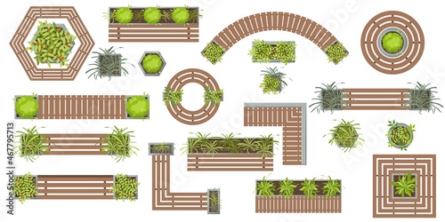 Wooden benches and plants in pots top view. Set of vector Outdoor wooden furniture for landscape design . Collection of Architectural elements, plants, trees, tables, benches, chairs in flat style