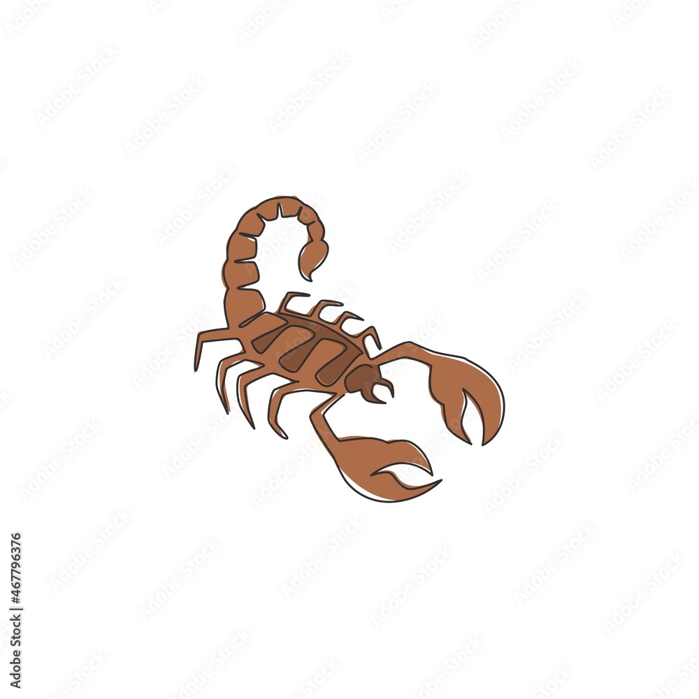 Obraz premium One continuous line drawing of danger scorpion for company logo identity. Dangerous insect mascot concept for poisonous liquid icon. Single line draw design vector graphic illustration