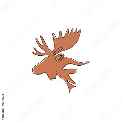 Single continuous line drawing of sturdy moose head for logo identity. Buck animal mascot concept for national zoo icon. One line draw graphic design vector illustration