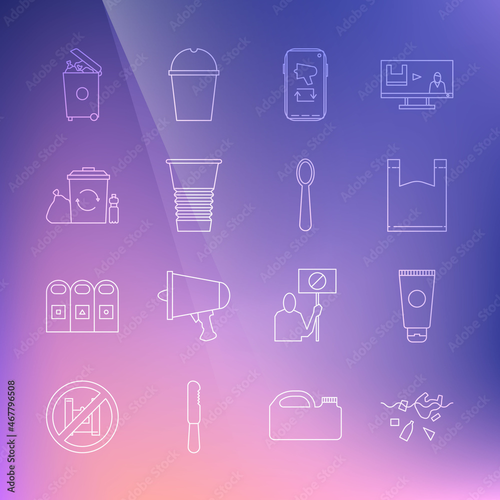 Set line Problem of pollution planet, Cream cosmetic tube, Plastic bag, Megaphone mobile, Paper glass, Recycle bin with recycle, Trash can and Disposable plastic spoon icon. Vector Set line Problem of pollution planet, Cream cosmetic tube, Plastic bag, Megaphone mobile, Paper glass, Recycle bin with recycle, Trash can and Disposable plastic spoon icon. Vector