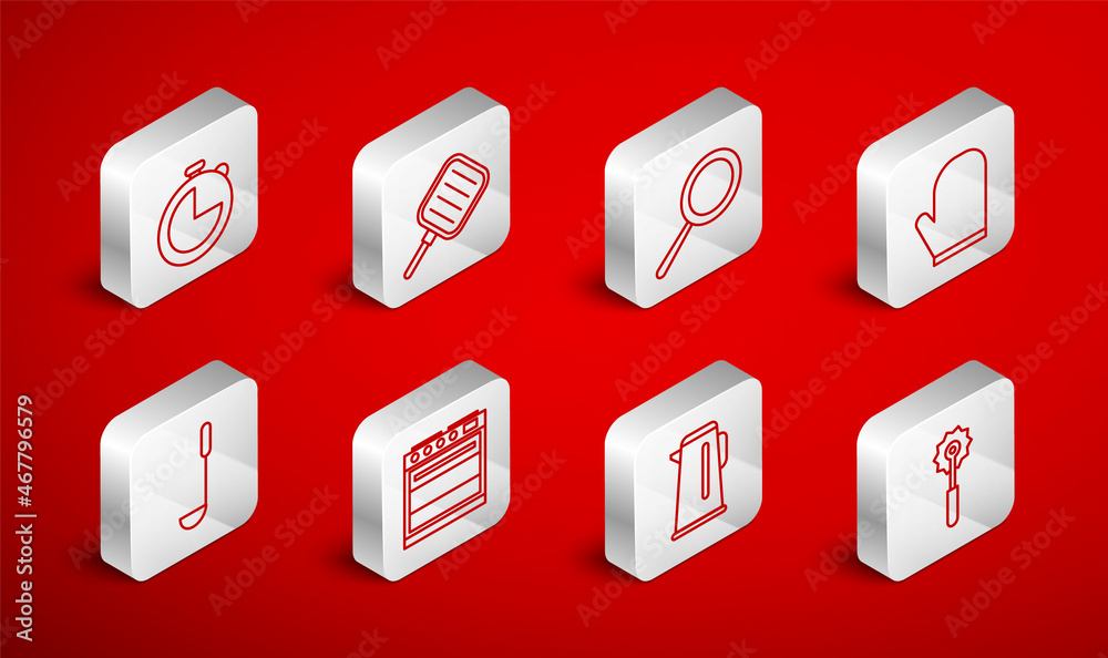 Set line Pizza knife, Frying pan, Oven glove, Kettle with handle, Kitchen timer, and ladle icon. Vector