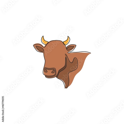 Single continuous line drawing of plump cow head for farming logo identity. Mammal animal mascot concept for livestock icon. One line graphic draw design vector illustration