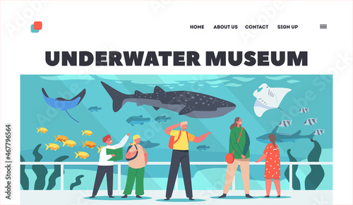 Underwater Museum Landing Page Template. Children in Oceanarium  Characters Learn Marine Flora  Fauna and Sea Animals