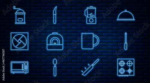 Set line Gas stove, Knife sharpener, Blender, Oven, Ventilation, Manual coffee grinder, Coffee cup and icon. Vector