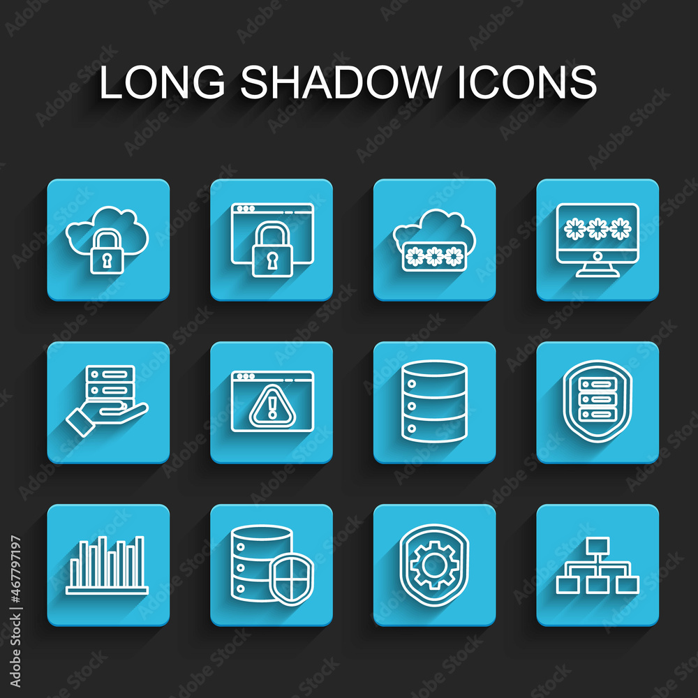 Set line Pie chart infographic, Server with shield, Cloud computing lock, Shield settings gear, Hierarchy organogram, Browser exclamation mark, and Server, Data, Web Hosting icon. Vector Set line Pie chart infographic, Server with shield, Cloud computing lock, Shield settings gear, Hierarchy organogram, Browser exclamation mark, and Server, Data, Web Hosting icon. Vector