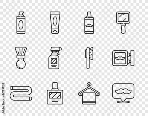 Set line Towel, Barbershop, Shaving gel foam, Aftershave, Hairdresser pistol spray bottle, on hanger and icon. Vector