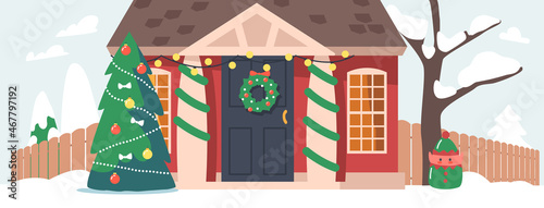 Decorated Winter Suburban Cottages with Christmas Decor, Fir Tree and Snow. Residential House, Real Estate Property