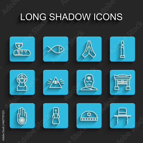 Set line Jainism or Jain Dharma, Priest, First communion symbols, Jewish kippah with star of david, Orthodox jewish hat sidelocks, Masons, Japan Gate and Man third eye icon. Vector