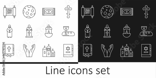 Set line Jewish torah book, First communion symbols, Traditional carpet, Church pastor preaching, Monk, Decree, paper, parchment, scroll, Ramadan Kareem lantern and Moon icon. Vector