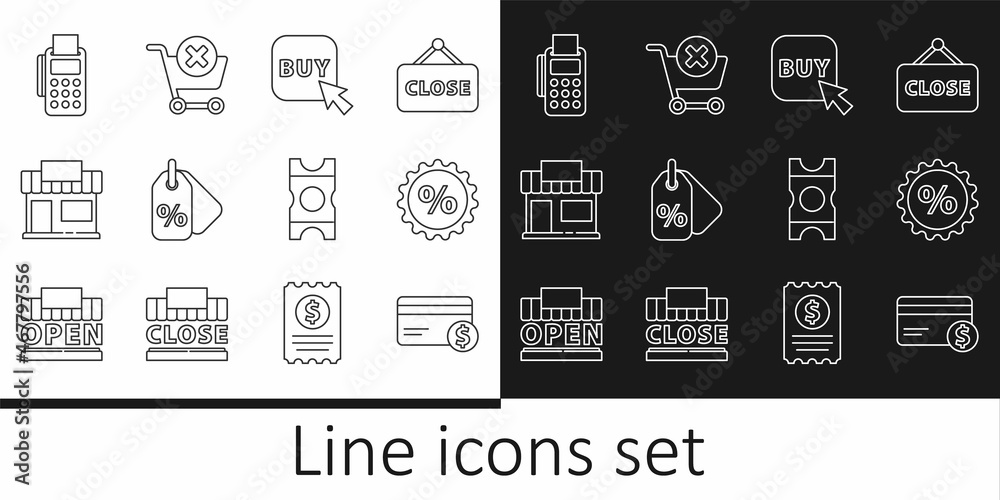 Set line Credit card and dollar, Discount percent tag, Buy button, Shopping building or market store, POS terminal with credit, Coupon and Remove shopping cart icon. Vector