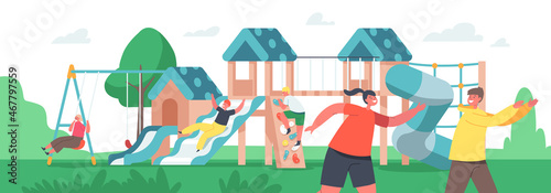 Happy Children Playing, Preteen Boys and Girls Fun on Playground. Characters Run, Climbing and Swing, Kids Active Games