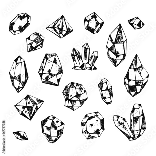 Set of sketch hand drawn vector crystals. Collection of black ink doodle minerals for decor and package design, patterns